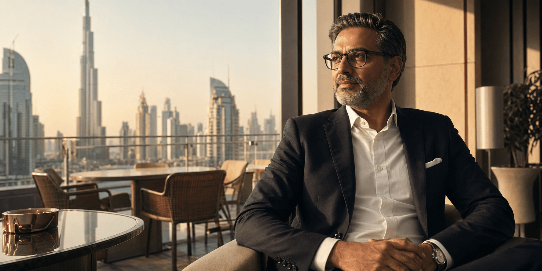 Senior executive in warm natural light with the Dubai skyline behind him