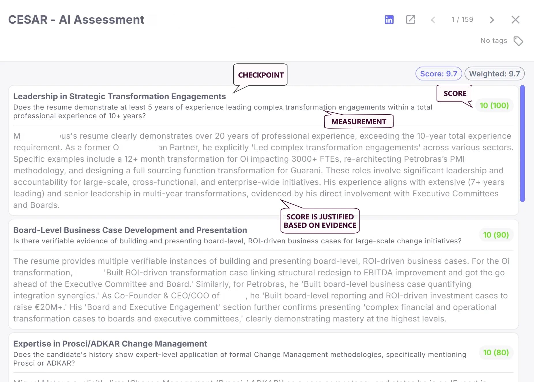Candidate ranking view showing contextual scoring across applicants