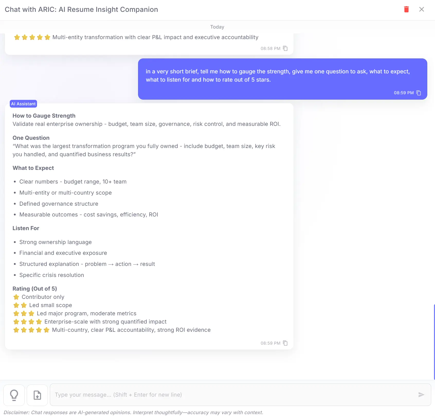 ARIC interview guidance with validation question, listening cues, and rating scale