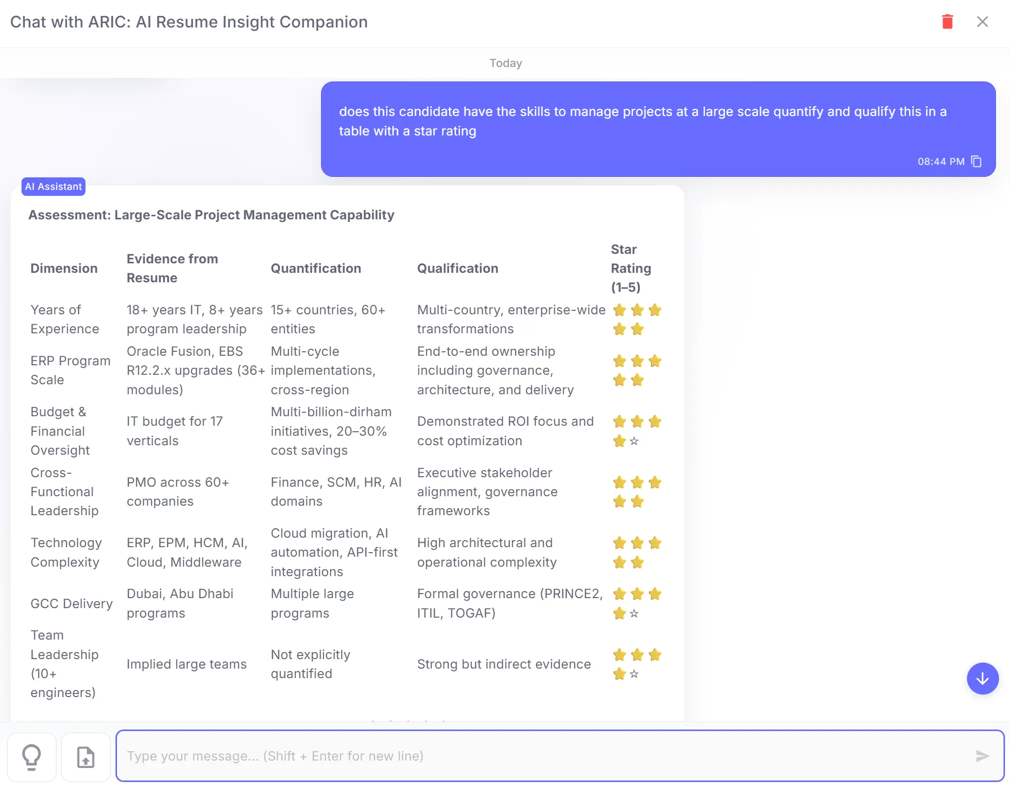ARIC chat view with quantified and qualified capability assessment table and star ratings