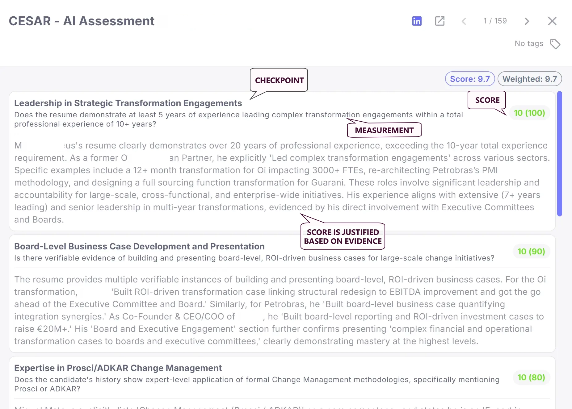 Evidence-based evaluation panel with criterion-level scoring and explanation